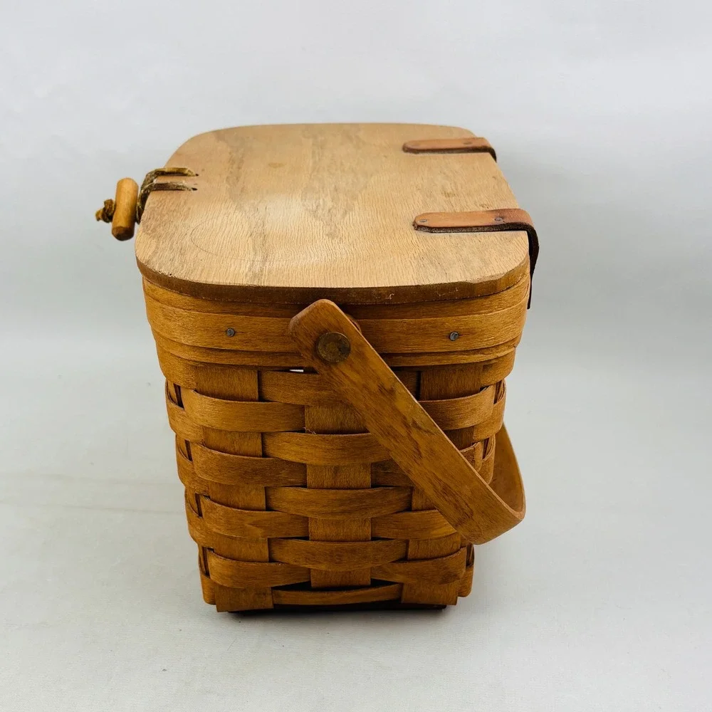 Vintage Longaberger Small Wood Picnic Basket Moving‎ Handle Brown Handwoven 1991